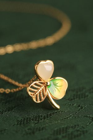 Women's Chinese Style Light Luxury Gold Inlaid Jade Clavicle Chain Necklace with Pure Silver Enamel Three-Leaf Clover Pendant