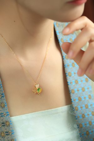 Women's Chinese Style Light Luxury Gold Inlaid Jade Clavicle Chain Necklace with Pure Silver Enamel Three-Leaf Clover Pendant