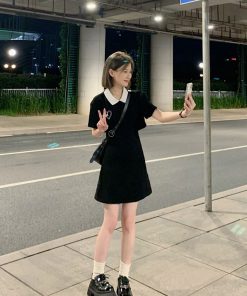 Women's College Style Black Dress - Waist-Cinching, Elegant A-Line with Polo Collar - Short Sleeve Petite Summer Dress