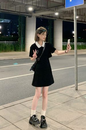 Women's College Style Black Dress - Waist-Cinching, Elegant A-Line with Polo Collar - Short Sleeve Petite Summer Dress