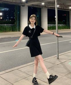 Women's College Style Black Dress - Waist-Cinching, Elegant A-Line with Polo Collar - Short Sleeve Petite Summer Dress