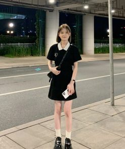 Women's College Style Black Dress - Waist-Cinching, Elegant A-Line with Polo Collar - Short Sleeve Petite Summer Dress