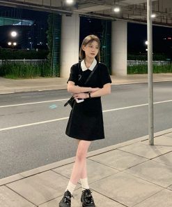 Women's College Style Black Dress - Waist-Cinching, Elegant A-Line with Polo Collar - Short Sleeve Petite Summer Dress