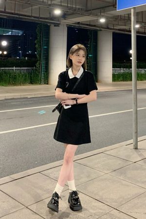 Women's College Style Black Dress - Waist-Cinching, Elegant A-Line with Polo Collar - Short Sleeve Petite Summer Dress