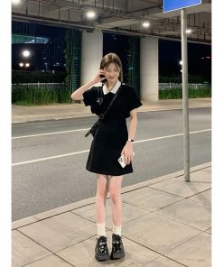 Women's College Style Black Dress - Waist-Cinching, Elegant A-Line with Polo Collar - Short Sleeve Petite Summer Dress