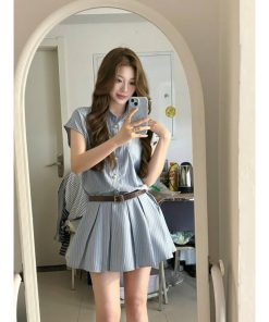 Women's College Style Blue Striped Shirt Dress, Waist-Cinching Pleated Skirt, Slimming Design for Summer Fashion