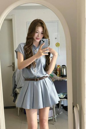 Women's College Style Blue Striped Shirt Dress, Waist-Cinching Pleated Skirt, Slimming Design for Summer Fashion