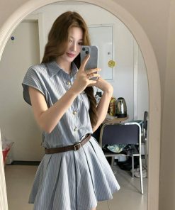 Women's College Style Blue Striped Shirt Dress, Waist-Cinching Pleated Skirt, Slimming Design for Summer Fashion