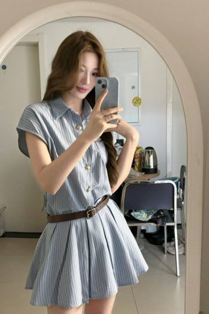 Women's College Style Blue Striped Shirt Dress, Waist-Cinching Pleated Skirt, Slimming Design for Summer Fashion