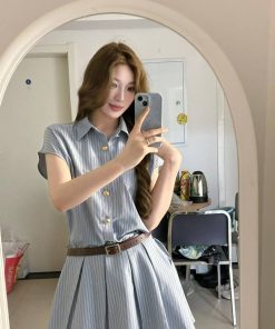 Women's College Style Blue Striped Shirt Dress, Waist-Cinching Pleated Skirt, Slimming Design for Summer Fashion
