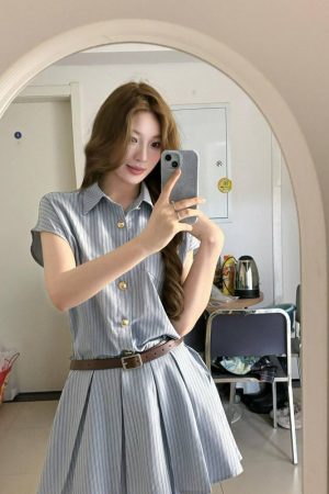 Women's College Style Blue Striped Shirt Dress, Waist-Cinching Pleated Skirt, Slimming Design for Summer Fashion
