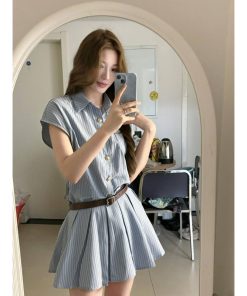 Women's College Style Blue Striped Shirt Dress, Waist-Cinching Pleated Skirt, Slimming Design for Summer Fashion