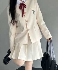 Women's College Style Collarless Suit Jacket - Pudding Bear Inspired JK Uniform Set for Spring 2025