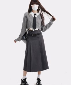Women's College Style Gray Half Skirt Set - High Waist A-Line Pleated Long Skirt for Spring Fashion