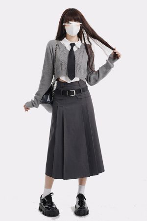 Women's College Style Gray Half Skirt Set - High Waist A-Line Pleated Long Skirt for Spring Fashion