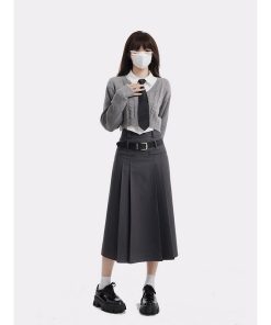 Women's College Style Gray Half Skirt Set - High Waist A-Line Pleated Long Skirt for Spring Fashion