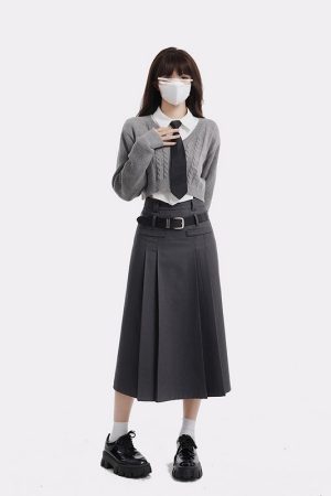 Women's College Style Gray Half Skirt Set - High Waist A-Line Pleated Long Skirt for Spring Fashion