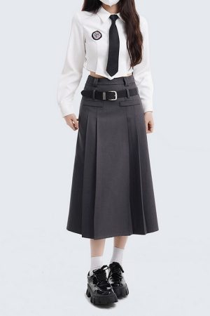 Women's College Style Gray Half Skirt Set - High Waist A-Line Pleated Long Skirt for Spring Fashion