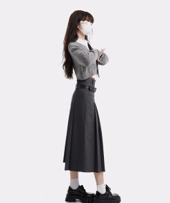 Women's College Style Gray Half Skirt Set - High Waist A-Line Pleated Long Skirt for Spring Fashion