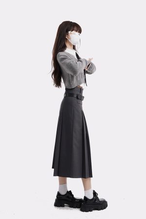 Women's College Style Gray Half Skirt Set - High Waist A-Line Pleated Long Skirt for Spring Fashion
