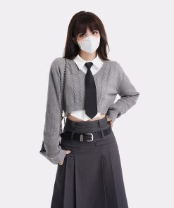 Women's College Style Gray Half Skirt Set - High Waist A-Line Pleated Long Skirt for Spring Fashion