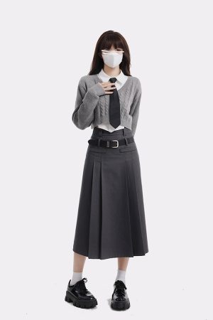 Women's College Style Gray Half Skirt Set - High Waist A-Line Pleated Long Skirt for Spring Fashion