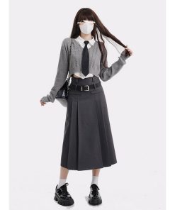 Women's College Style Gray Half Skirt Set - High Waist A-Line Pleated Long Skirt for Spring Fashion