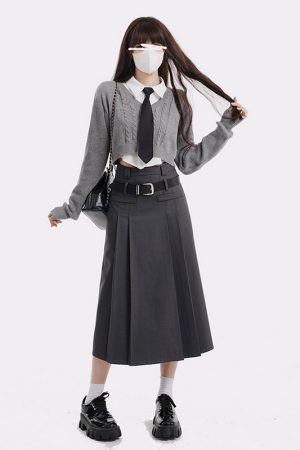 Women's College Style Gray Half Skirt Set - High Waist A-Line Pleated Long Skirt for Spring Fashion