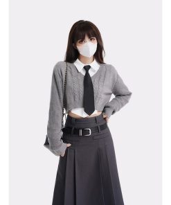 Women's College Style Gray Half Skirt Set - High Waist A-Line Pleated Long Skirt for Spring Fashion