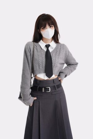 Women's College Style Gray Half Skirt Set - High Waist A-Line Pleated Long Skirt for Spring Fashion