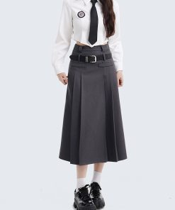 Women's College Style Gray Half Skirt Set - High Waist A-Line Pleated Long Skirt for Spring Fashion