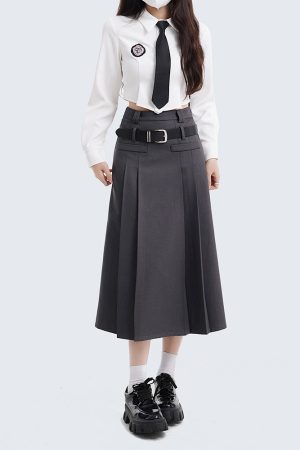 Women's College Style Gray Half Skirt Set - High Waist A-Line Pleated Long Skirt for Spring Fashion