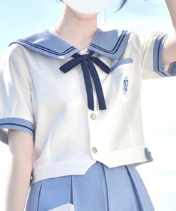 Women's College Style Summer Uniform Set - Pudding Bear JK Top with Short Sleeves & Pear in the Middle Print, Matching Short Skirt