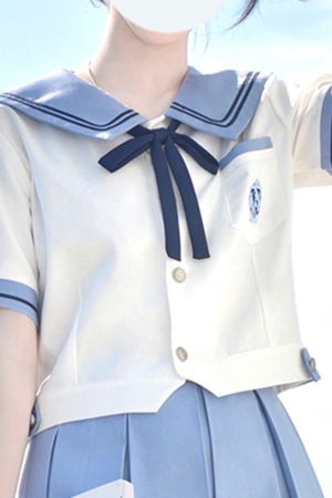 Women's College Style Summer Uniform Set - Pudding Bear JK Top with Short Sleeves & Pear in the Middle Print, Matching Short Skirt