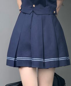 Women's College Style Summer Uniform Set - Pudding Bear JK Top with Short Sleeves & Pear in the Middle Print, Matching Short Skirt