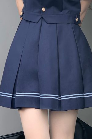 Women's College Style Summer Uniform Set - Pudding Bear JK Top with Short Sleeves & Pear in the Middle Print, Matching Short Skirt