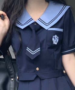 Women's College Style Summer Uniform Set - Pudding Bear JK Top with Short Sleeves & Pear in the Middle Print, Matching Short Skirt