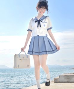 Women's College Style Summer Uniform Set - Pudding Bear JK Top with Short Sleeves & Pear in the Middle Print, Matching Short Skirt