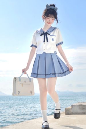 Women's College Style Summer Uniform Set - Pudding Bear JK Top with Short Sleeves & Pear in the Middle Print, Matching Short Skirt