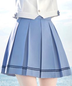 Women's College Style Summer Uniform Set - Pudding Bear JK Top with Short Sleeves & Pear in the Middle Print, Matching Short Skirt