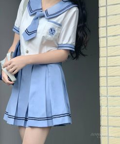 Women's College Style Summer Uniform Set - Pudding Bear JK Top with Short Sleeves & Pear in the Middle Print, Matching Short Skirt