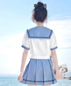 Women's College Style Summer Uniform Set - Pudding Bear JK Top with Short Sleeves & Pear in the Middle Print, Matching Short Skirt