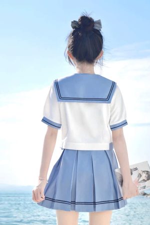 Women's College Style Summer Uniform Set - Pudding Bear JK Top with Short Sleeves & Pear in the Middle Print, Matching Short Skirt
