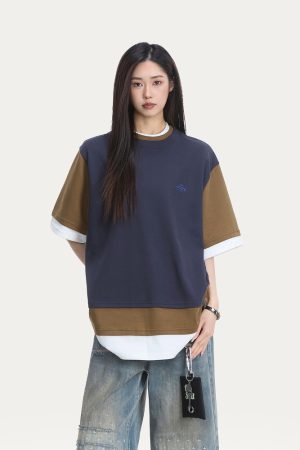 Women's Color-Block Short Sleeve T-Shirt - Trendy Casual Summer Top in Loose Fit, American Style, Perfect for Everyday Wear