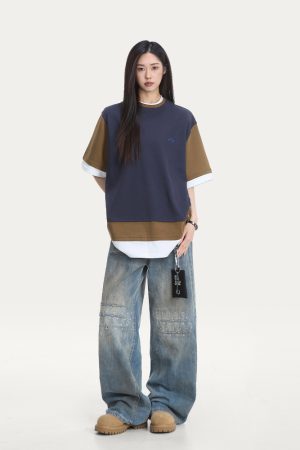 Women's Color-Block Short Sleeve T-Shirt - Trendy Casual Summer Top in Loose Fit, American Style, Perfect for Everyday Wear