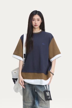 Women's Color-Block Short Sleeve T-Shirt - Trendy Casual Summer Top in Loose Fit, American Style, Perfect for Everyday Wear