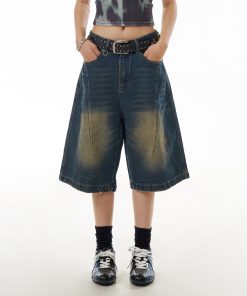 Women's Cowboy Capris Yellow Mud Dyed Distressed Straight Wide-Leg Mid-Length Casual Shorts - Vintage American Style