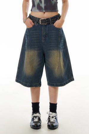 Women's Cowboy Capris Yellow Mud Dyed Distressed Straight Wide-Leg Mid-Length Casual Shorts - Vintage American Style