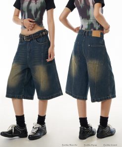 Women's Cowboy Capris Yellow Mud Dyed Distressed Straight Wide-Leg Mid-Length Casual Shorts - Vintage American Style