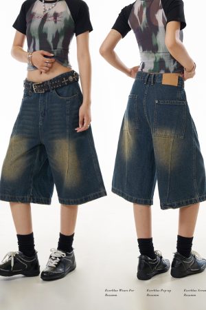Women's Cowboy Capris Yellow Mud Dyed Distressed Straight Wide-Leg Mid-Length Casual Shorts - Vintage American Style